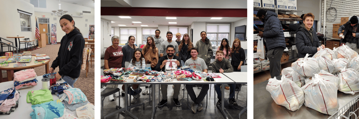 collage of students in romano center collecting clothing donations and a student sorting through clothing and book donations and a student at soup kitchen sorting through food donations